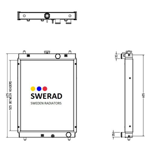 Teknisk ritning av en Kylare Hitachi grävmaskin, som visar front- och sidovyer med mått. Kylarens bredd är 605 mm och höjden är 525 mm. Swerads logotyp är centrerad på framsidan.