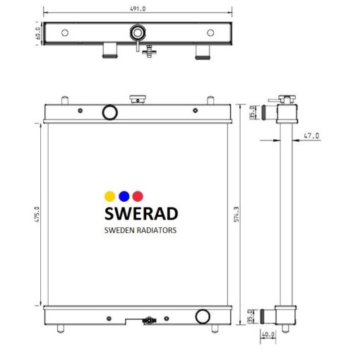 Teknisk ritning av en Kylare Hitachi grävmaskin radiator som visar fram-, topp- och sidovyer med dimensionsmått.