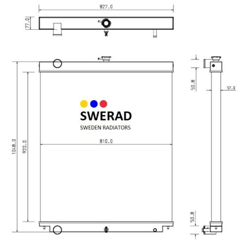 Teknisk ritning av en kylare märkt "Kylare Hitachi grävmaskin" med mått indikerade ovanpå, framifrån och från sidan.