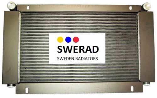 En metallkylare märkt "Oljekylare Atlas Copco kompressor" med färgade prickar i blått, gult och rött.