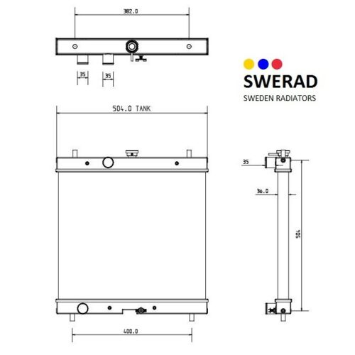 Tekniskt diagram över en Kylare JCB grävmaskin kylartank som visar front-, topp- och sidovyer med detaljerade mått och Swerads logotyp i det övre högra hörnet.