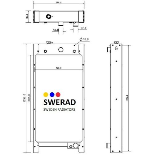 Teknisk ritning av en Kylare JCB grävmaskin Radiator, som visar front-, topp- och sidovyer med mått märkta. Kylaren har Swerad-loggan i mitten av frontvyn.