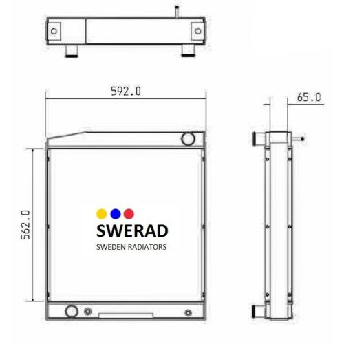 Tekniskt diagram över en Kylare JCB grävmaskin kylare med front-, sido- och toppvyer. Måtten är markerade: 592 mm bredd, 562 mm höjd och 65 mm djup.