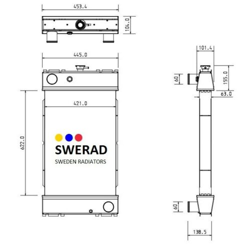 Tekniskt diagram över en Kylare JCB grävmaskin radiator, som visar front-, sido- och toppvyer med detaljerade mått. Swerads logotyp och texten "Sweden Radiators" visas på framsidan.