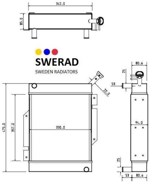 Teknisk ritning av en Kylare JCB grävmaskin radiator från Sweden Radiators, som visar front-, top- och sidovyer med mått.
