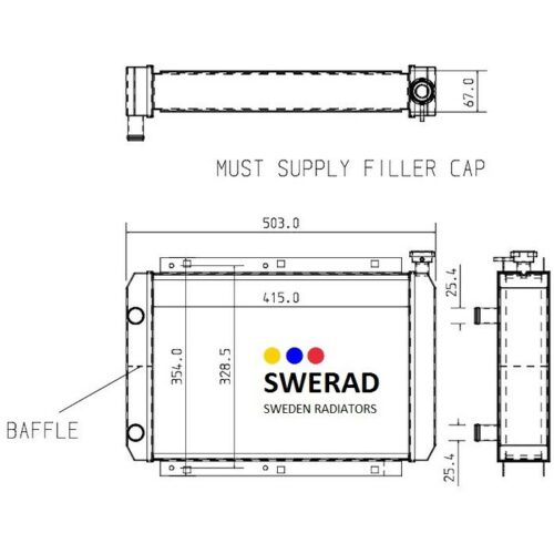 Teknisk ritning av en Kylare JCB grävmaskin radiator, som visar mått och specifikationer, inklusive "Must Supply Filler Cap" och detaljer om baffeln.