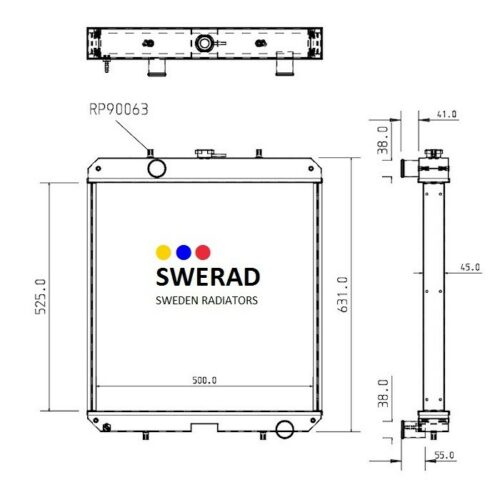 Teknisk ritning av en SWERAD Kylare JCB grävmaskin med detaljer framifrån och från sidan, mått och modellnummer RP90063.