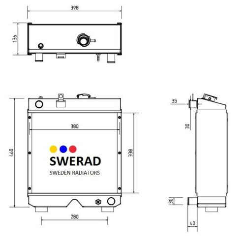 Teknisk ritning av en Kylare JCB grävmaskin radiator, som visar front-, top- och sidovyer med mått. Framsidan inkluderar en SWERAD-logotyp och etiketter som indikerar att den är en Sverigeradiator.