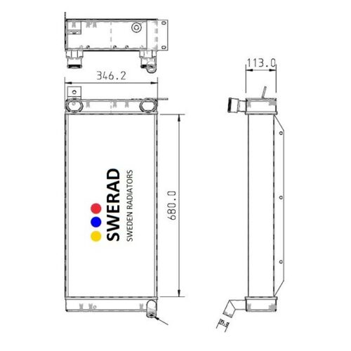 Teknisk ritning av Kylare JCB grävmaskin radiator med mått märkt. Framsidan har en höjd på 680,0 mm och en bredd på 346,2 mm. Sidovyn visar ett djup på 113,0 mm.