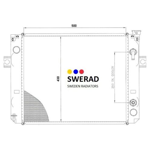 Teknisk ritning av en Kylare JCB grävmaskin radiator, som visar dimensioner på 430 mm och 500 mm tillsammans med märkt oljekylare. Företagets logotyp och namn är centrerade i designen.