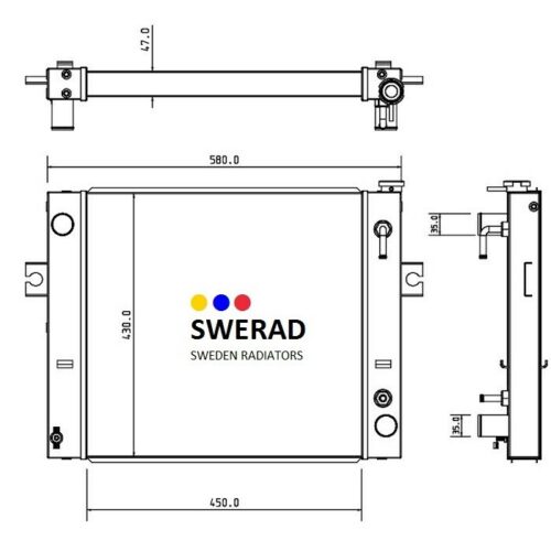 Teknisk ritning av en Kylare JCB grävmaskin, som visar front- och sidovyer. Inkluderar detaljerade mått, företagslogotyp och schematisk layout för installation och referens.