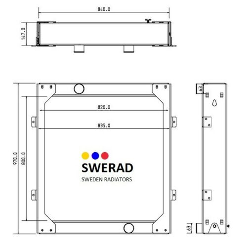 Teknisk ritning av en Kylare JCB grävmaskin radiator, märkt "Sweden Radiators", som visar front-, topp- och sidovyer med dimensionerna 840 mm bredd, 800 mm höjd och 147 mm djup.
