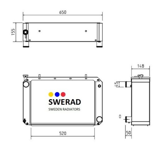 Teknisk ritning av en radiator med dimensioner: 650 mm bredd, 155 mm höjd och 148 mm djup. Kylaren är märkt "Kylare JCB grävmaskin" med färgade prickar ovanför texten.