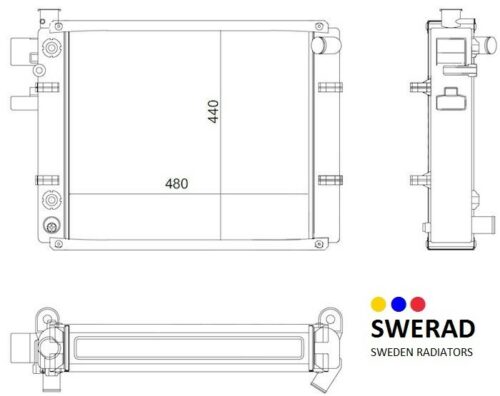 Teknisk ritning av en rektangulär radiator märkt 480 mm gånger 440 mm, sett från tre vinklar. SWERAD-loggan och texten "SWEDEN RADIATORS Kylare JCB grävmaskin" finns längst ner till höger.