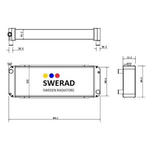 Teknisk ritning av en Kylare JCB grävmaskin radiator från Sweden Radiators, som visar front-, sido- och toppvyer med detaljerade mått i millimeter.