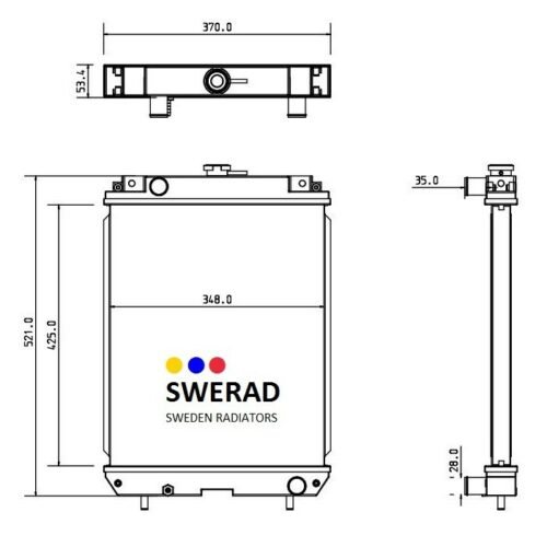 Tekniskt diagram över Kylare JCB grävmaskin från Sweden Radiators, som visar front- och sidovyer med mått i millimeter. Kylarens mått är 370x521x35 mm med en fenarea på 348 mm.