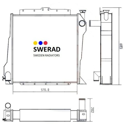 Teknisk ritning av en Kylare JCB grävmaskin radiator, märkt "SWEDEN RADIATORS," med vyer framifrån, från sidan och ovanifrån. Nyckelmått visas: höjd 695 mm, bredd 570 mm och djup 202 mm.