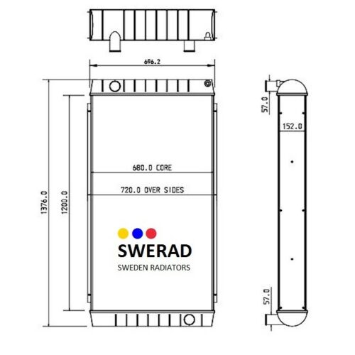 Tekniskt diagram över en kylare märkt "Kylare JCB grävmaskin." Framsidan visar dimensioner med ett kärnmått på 680,0 och ett över sidornas mått på 720,0. Ovanifrån och från sidan ingår också i diagrammet.