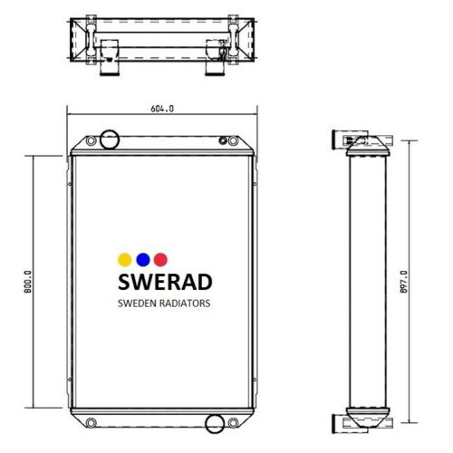 Tekniskt diagram över en Kylare JCB grävmaskin radiator från Sweden Radiators, med mått märkta i millimeter, inklusive höjd (600 mm) och bredd (604 mm).