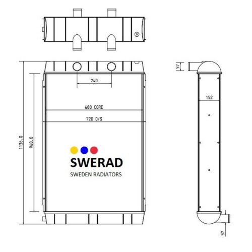 Teknisk ritning av en kylare från SWERAD Sweden Radiatorer till Kylare JCB grävmaskin, som visar front- och sidovyer med mått. Framsidan inkluderar etiketter "680 CORE" och "720 D/S".