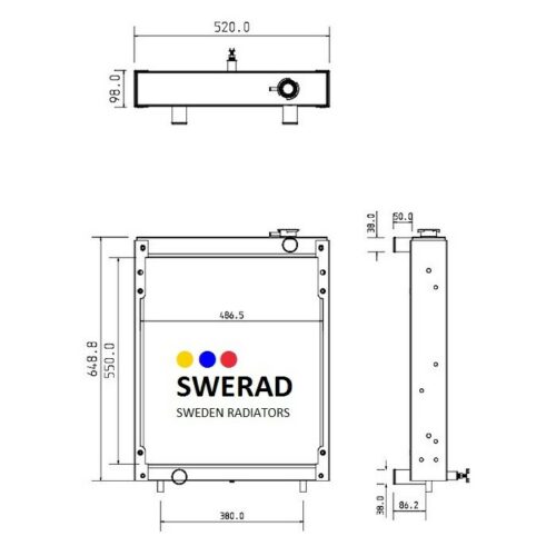 Teknisk ritning av en Kylare JCB grävmaskin enhet med mått märkta, inklusive front, topp och sidovyer.