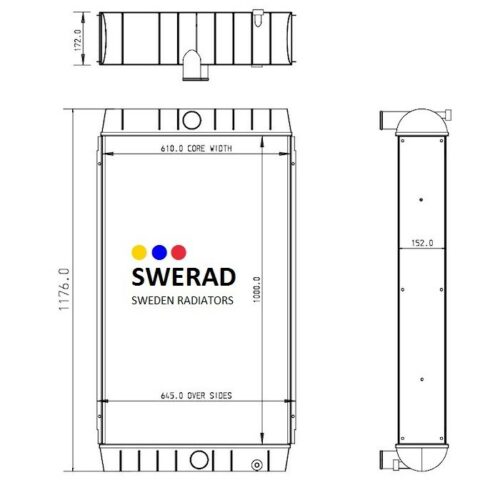 Teknisk ritning av en Kylare JCB grävmaskin enhet, som visar kärnans bredd, höjd och olika dimensioner i millimeter. Framifrån, ovanifrån och från sidan ingår.