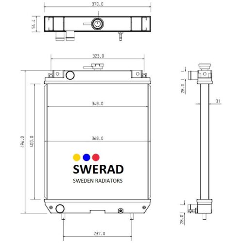 Teknisk ritning av en Kylare Hitachi minigrävare radiator med front-, top- och sidovyer. Måtten inkluderar 468 mm höjd, 368 mm bredd och 31 mm tjocklek. Kylaren är märkt "SWERAD SWEDEN RADIATORS.
