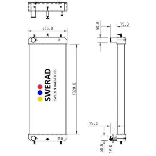 Teknisk ritning av en kylare från SWERAD (Sweden Radiators) med dimensioner: 445,0 mm bredd, 1020,0 mm höjd, 75,0 mm djup och mått i ändarna 50,8 mm och 19,8 mm, inklusive sido- och bottenvydetaljer för Kylare Hitachi minigrävare.