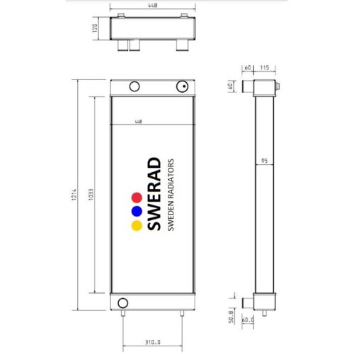 Teknisk ritning av en Kylare Hitachi minigrävare radiator med mått i millimeter, som visar front- och sidovyer. Logotypen och texten "SWERAD SWEDEN RADIATORS" visas på framsidan.