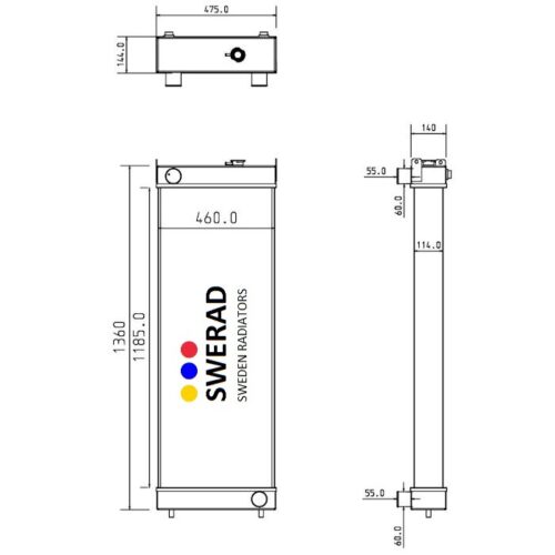 Teknisk ritning av en radiator som visar front- och sidovyer med märkta mått. Kylaren är märkt "Kylare Hitachi minigrävare" och mäter 1136x475x110,4 mm.