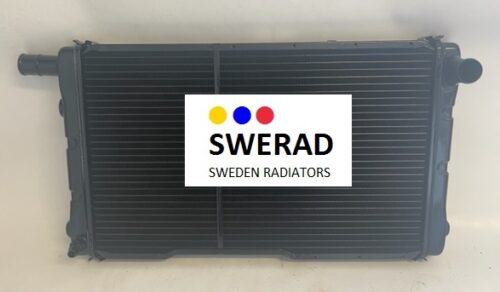 En svart kylare, Kylare SAAB, med SWERAD Sweden Radiators logotyp med blå, gula och röda prickar.