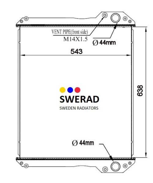 Teknisk ritning av en Kylare JCB dumperenhet med dimensioner: 543 mm bredd, 638 mm höjd och 44 mm rördiametrar.