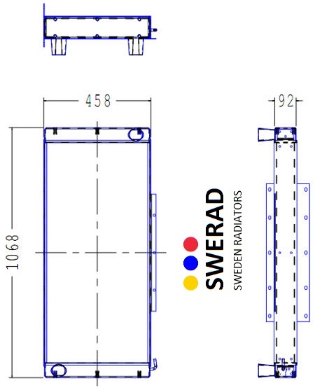 Teknisk ritning av en Kylare JCB dumper radiator, som visar front- och sidovyer med måtten 1068mm x 458mm och en tjocklek på 92mm. Tre färgprickar och texten "SWERAD SWEDEN RADIATORS" finns också.