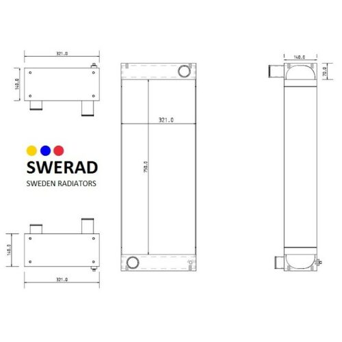 Ritning av en Kylare JCB grävmaskin radiator som visar front-, top- och sidovyer med exakta mått.
