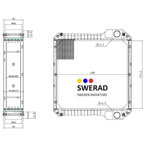 Tekniskt schema över en Kylare JCB dumperradiator, som visar front- och sidovyer med dimensioner i millimeter. Kylare-logotypen och texten "Sweden Radiators" är väl synliga.