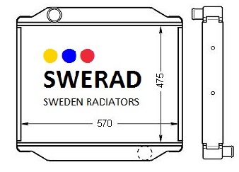 Diagram över en Kylare JCB dumper radiator med mått markerade. Framifrån visar en logotyp med tre färgade prickar ovanför varumärket. Sidovy visar kylarens djup. Mått: 475 mm höjd, 570 mm bredd.