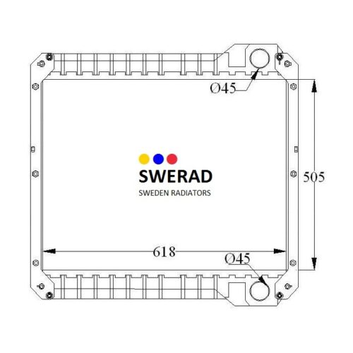 Teknisk ritning av en Kylare JCB traktorgrävare enhet med dimensionerna 505 mm gånger 618 mm och två hål 45 mm i diameter i motsatta hörn.