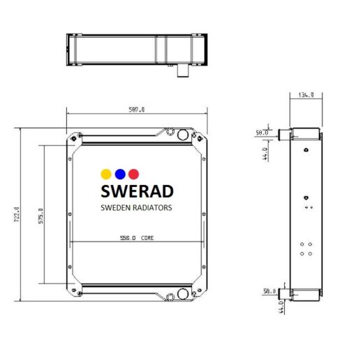 Teknisk ritning av en Kylare JCB traktorgrävare-märkt kylare från Sweden Radiators, som visar front-, sido- och toppvyer med mått märkta i millimeter.