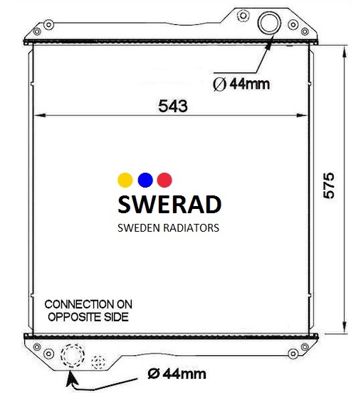 Tekniskt diagram över en Kylare JCB traktor kylare, märkt "SWERAD SWEDEN RADIATORS", som visar dimensioner på 543 mm bredd och 575 mm höjd, med anslutningspunkter på 44 mm diameter på motsatta sidor.
