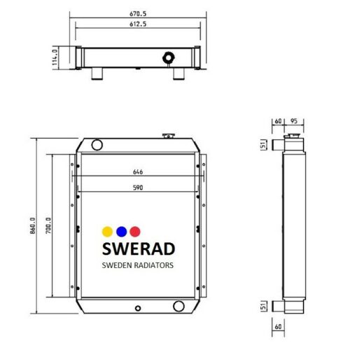 Teknisk ritning av Kylare JCB grävmaskin från SWERAD Sweden Radiatorer, som visar front-, sido- och toppvyer med märkta mått.