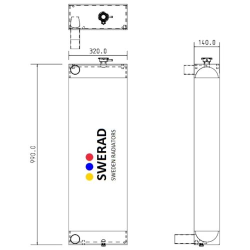 Teknisk ritning av en Kylare JCB grävmaskin radiator, som visar front- och sidovyer. Måtten inkluderar 990,0 mm höjd, 320,0 mm bredd och 140,0 mm djup. Logotypen och de färgade prickarna är centrerade på framsidan.