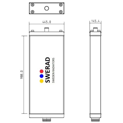 Teknisk ritning av Kylare JCB grävmaskin radiator med front- och sidovyer. Mått: 988,0 mm höjd, 445,0 mm bredd och 145,4 mm djup. Framifrån har en logotyp med "SWERAD" och tre färgade prickar.