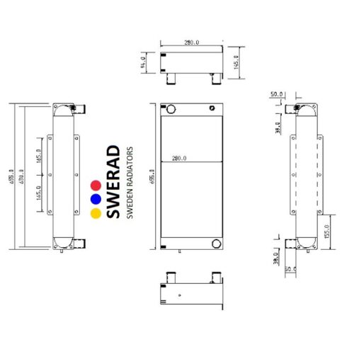 Tekniskt diagram över en Kylare JCB teleskoplastare radiator med flera vyer och dimensioner, inklusive front-, topp-, sido- och bottenperspektiv.