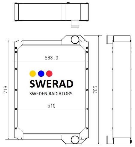Teknisk ritning av Kylare JCB teleskoplastare radiator med mått märkta. Framsidan visar en bredd på 538,0 mm och en höjd på 718 mm, medan sidovyn visar en höjd på 785 mm.