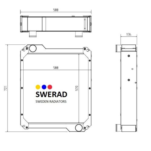 Teknisk ritning av Kylare JCB teleskoplastare radiator. Framsidan visar dimensionerna 721 mm gånger 588 mm, och sidovyn visar ett djup på 134 mm. Etiketten står "SWERAD SWEDEN RADIATORS" med färgade prickar ovanför texten.