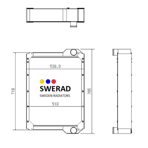 Teknisk ritning av en Kylare JCB teleskoplastare radiator, som visar front- och sidovyer med mått märkta i millimeter.