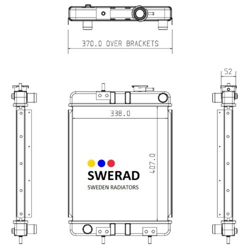 Teknisk ritning av den rektangulära radiatorn, Kylare JCB teleskoplastare från SWERAD, med dimensioner: 407,0 mm höjd, 338,0 mm bredd, 370,0 mm över konsoler och 52 mm djup.