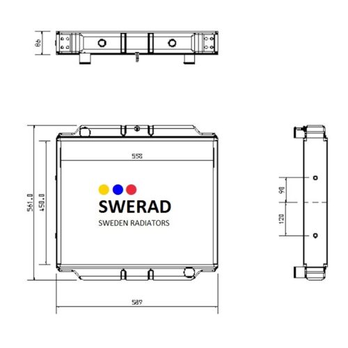 Tekniskt diagram över en Kylare JCB teleskoplastare från Sweden Radiators, som visar front- och sidovyer med detaljerade mått i millimeter.