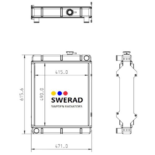 Teknisk ritning av en Kylare JCB teleskoplastare radiator med front- och sidovyer med mått: höjd 615,6 mm, bredd 490 mm och djup 471 mm. Varumärkets logotyp visas i mitten.