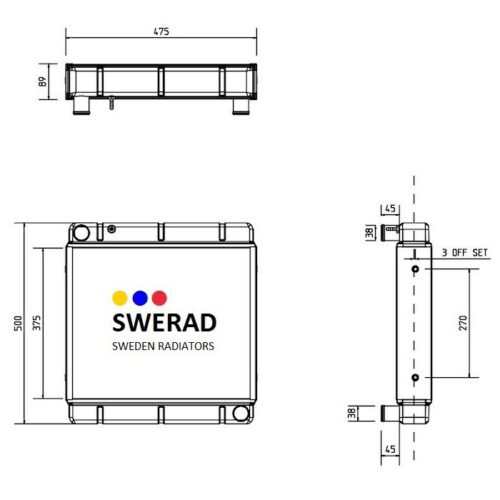 Teknisk ritning av en Kylare JCB grävmaskin-enhet, som visar front-, topp- och sidovyer med detaljerade mått och märkta komponentspecifikationer.
